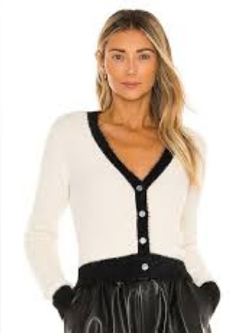 Astr Cropped V-Neck Cardigan in Cream with Black Trim